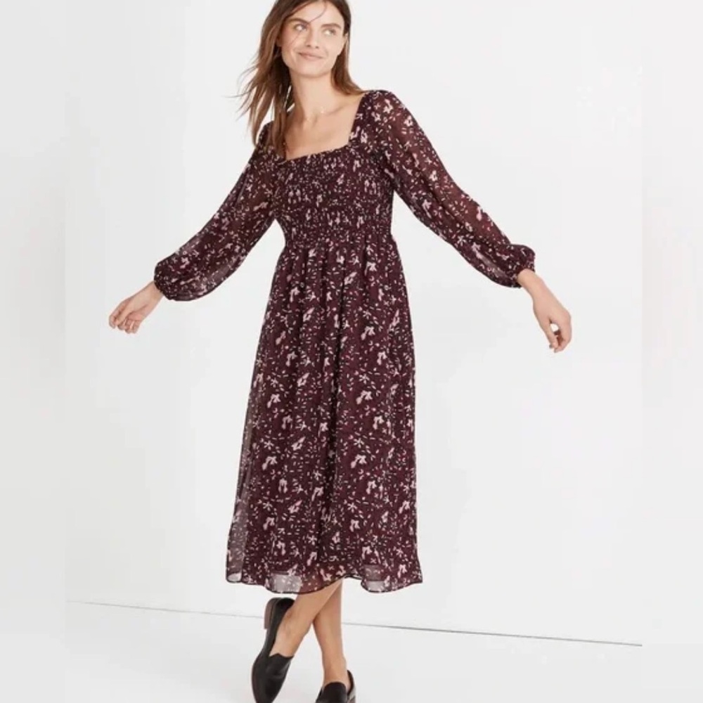 NWT Madewell Burgundy Floral Georgette Sheer Sleeve Dress Size M
